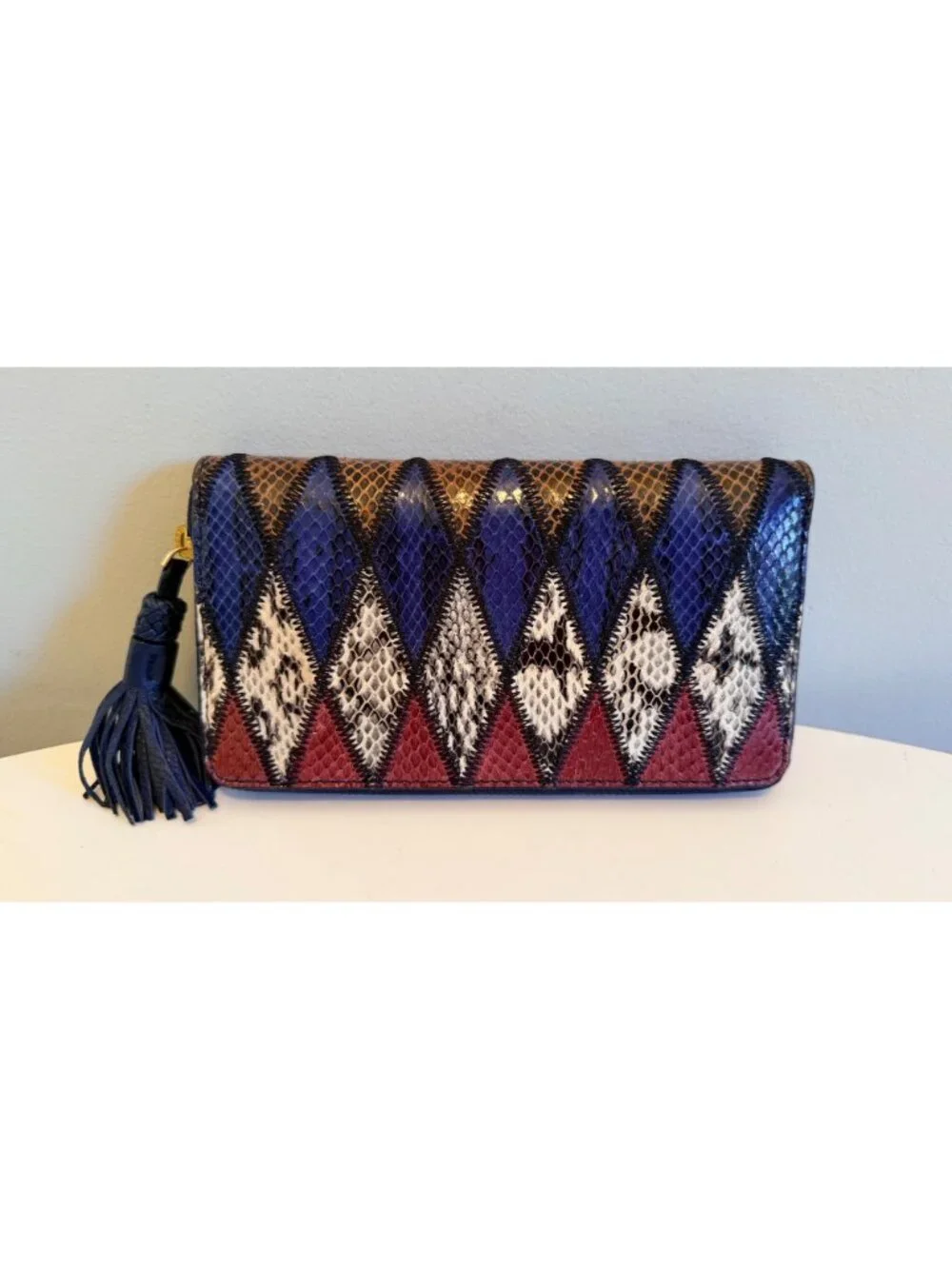 Tory Burch Taylor Zip Continental Wallet Snake-Embossed Leather Harlequin Tassel